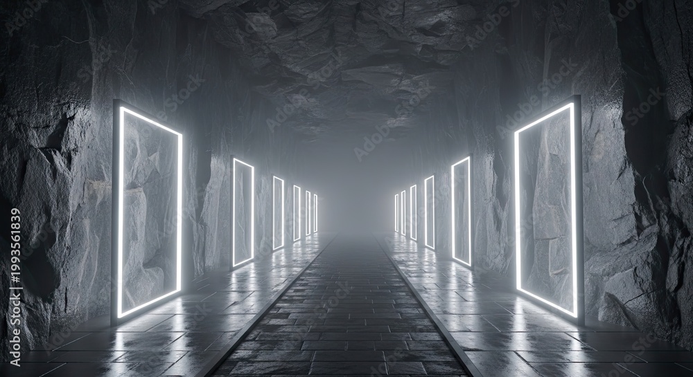 Fototapeta premium Abstract futuristic tunnel with illuminated neon frames and textured walls