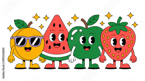 A bright and colorful illustration of four diverse cartoon fruits posing together happily.