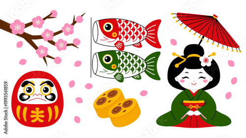 A curated selection of Japanese cultural symbols, including koinobori, daruma, sushi, and a geisha doll, are showcased against a clean white backdrop.