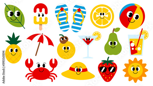 A bright and cheerful collection of summer-themed cartoon characters and items are arranged