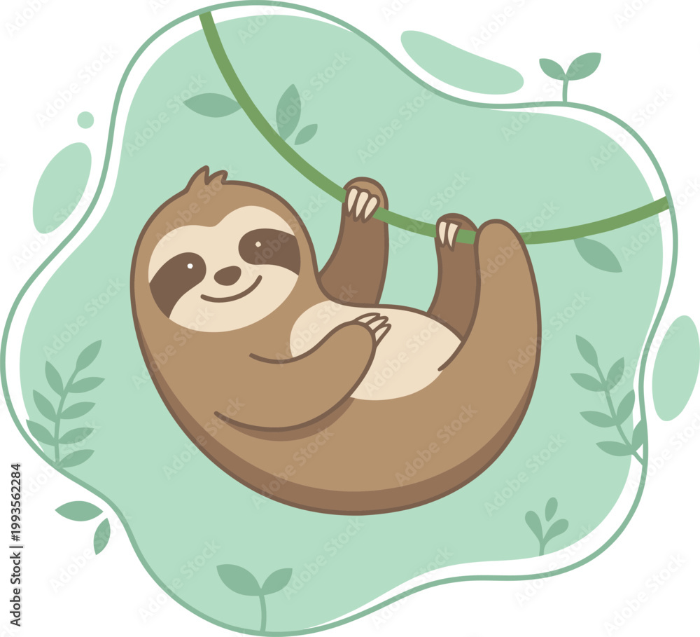 Obraz premium Happy sloth character hanging from a green jungle vine cartoon illustration