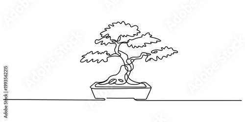 Continuous line drawing of a bonsai tree in a pot