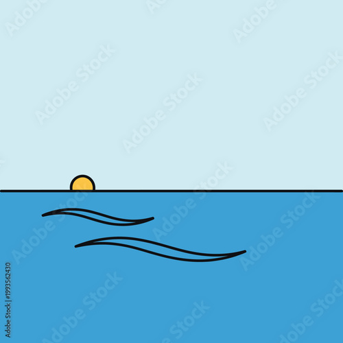 Sunset over calm ocean waves horizon.