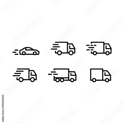 Set of black line icons depicting speeding delivery vehicles including cars and vans