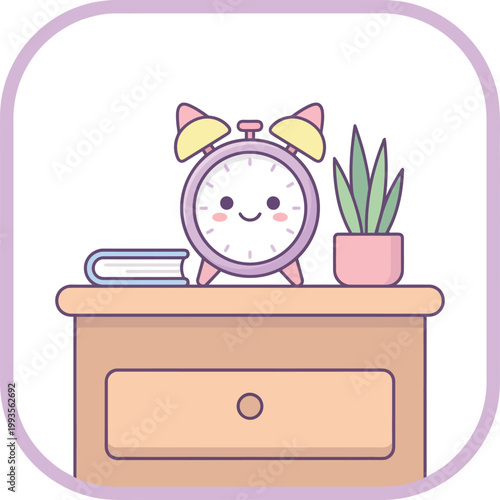 Cute smiling alarm clock and potted succulent on a nightstand with wake