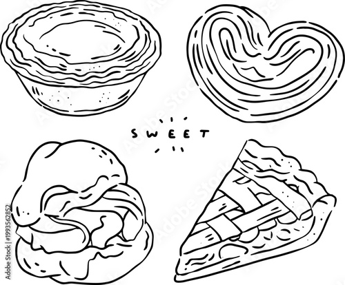Minimalist Doodle Set of Classic Bakery Treats with Cream Puff and Palmier