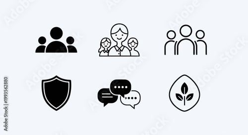 Teamwork and Family Icons: Group, Shield, Chat, Nature, People