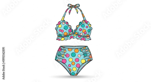 Colorful Bikini Swimsuit with Fruit Pattern and Ruffles.