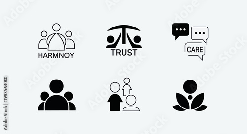 Teamwork Icons: Harmony, Trust, Care, Community, Support, Growth