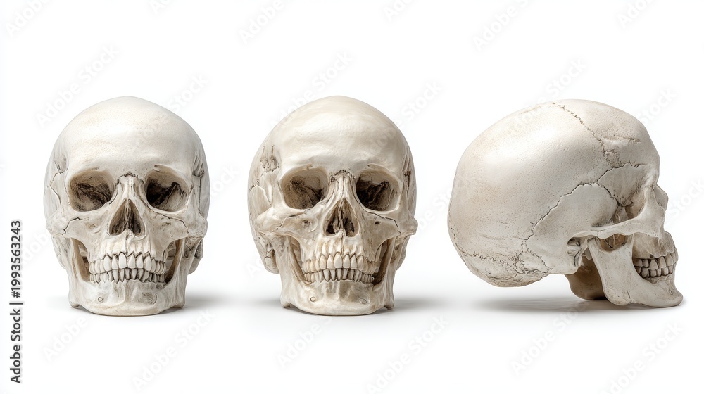 Obraz premium Plaster human skull shown in front, side, and back views, isolated on a white background.