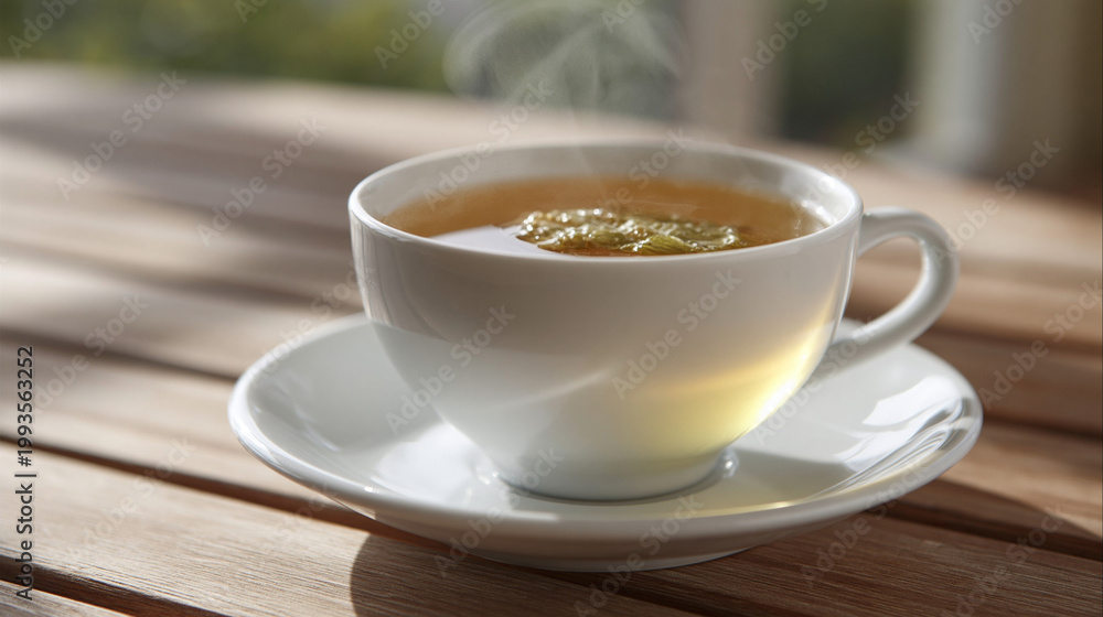 Obraz premium Teacup filled with hot herbal tea rests on a rustic wooden table during a bright morning sunrise.