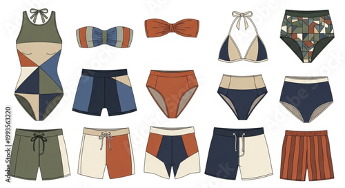 Collection of stylish swimwear and beachwear items.