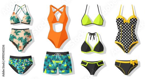 Collection of stylish swimwear for women and men on white background.