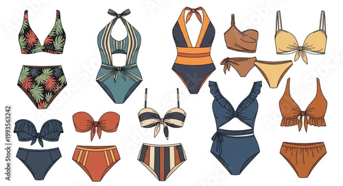 Collection of stylish womens swimwear and bikinis arranged neatly.