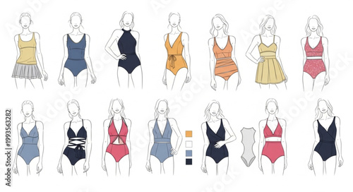 Collection of vintage swimsuit fashion illustrations for women.