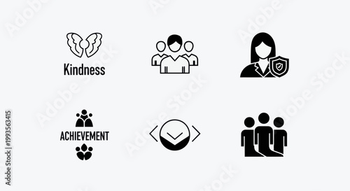 Teamwork, Kindness, Achievement Icons: Business and Social Concepts