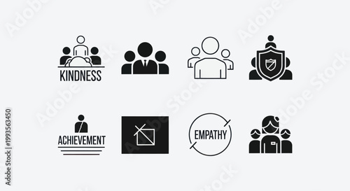 Teamwork, Kindness, Empathy, Achievement Icons Set: Business and Social Concepts