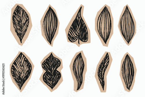 Scrapbook Collage Grunge Leaves Sticker Set. Brush stroke leaves drawn on paper cut collage. Vector leaf creative nature craft labels.
