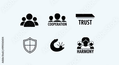 Teamwork, Trust, Harmony, Cooperation, Security Icons Set