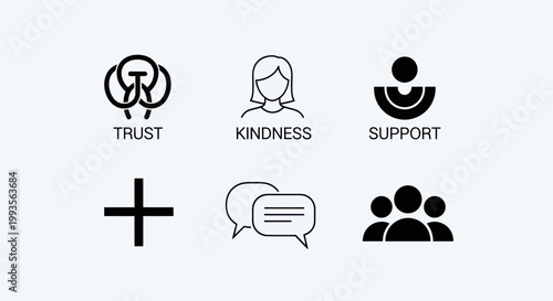 Teamwork, Trust, Kindness, Support Icons: Collaboration, Communication, Community