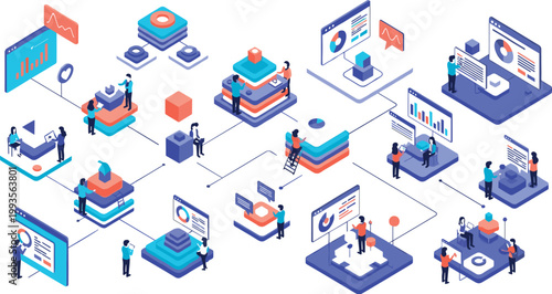 Isometric business analytics workflow vector set with data dashboards, reports, charts and team collaboration technology illustration
