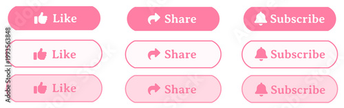 Pink and White Minimal UI Button Set with Like Share Subscribe Actions, Clean Rounded Interface Elements, Soft Cute Flat Design for Social Media and App UI, Easy to Use Button Collection Isolated 