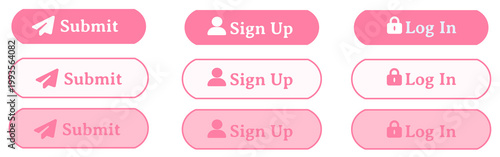 Pink and white Alternating 3D Rounded UI Button Set in Soft Pink Theme with Submit Sign Up Log In Icons,Cute Interface Elements, Clean Web and Mobile UI, Isolated on Transparent Background