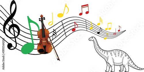 Musical notes with violin and dinosaur illustration, creative fusion of music and prehistoric theme, artistic sound wave concept vector design