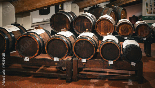 Cuadro en lienzo Traditional balsamic vinegar aging in wooden barrels in Italy, Modena, Emilia Ro