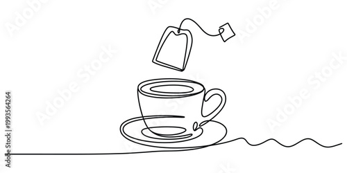 Continuous line drawing of a tea bag being dipped into a cup