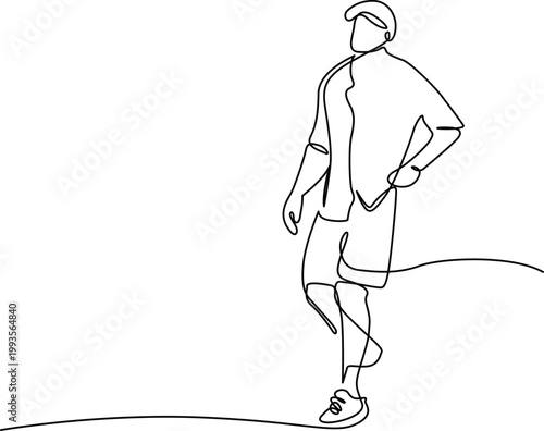 A person walking casually with hands in pockets and a relaxed stride on a curved path. Vector