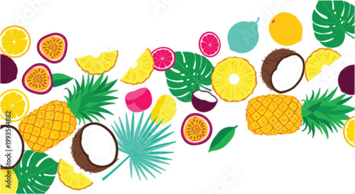 Tropical fruits vector pattern with pineapple, coconut, citrus slices and exotic leaves, summer fresh food background illustration