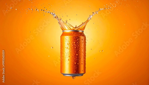 A refreshing soda can explodes with water splashing everywhere on an orange background