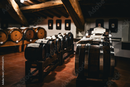 Cuadro en lienzo Traditional balsamic vinegar aging in wooden barrels in Italy, Modena, Emilia Ro