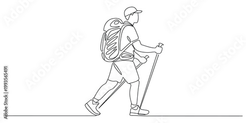 Continuous line drawing of a hiker with a backpack and poles