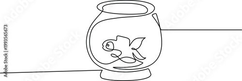 A whimsical fish swimming in a round decorative fishbowl with a wide rim. Vector