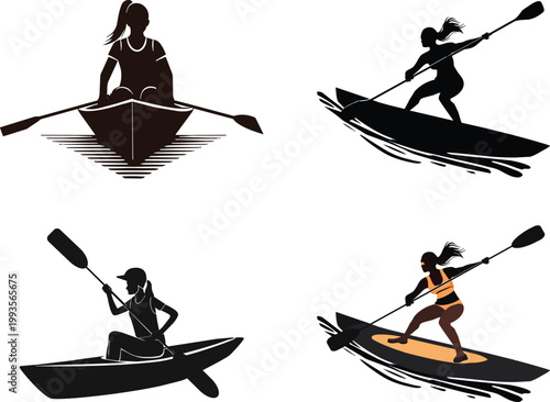 girls ride kayak slalom Silhouette