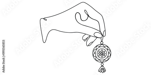 Continuous line drawing of a hand holding a decorative earring