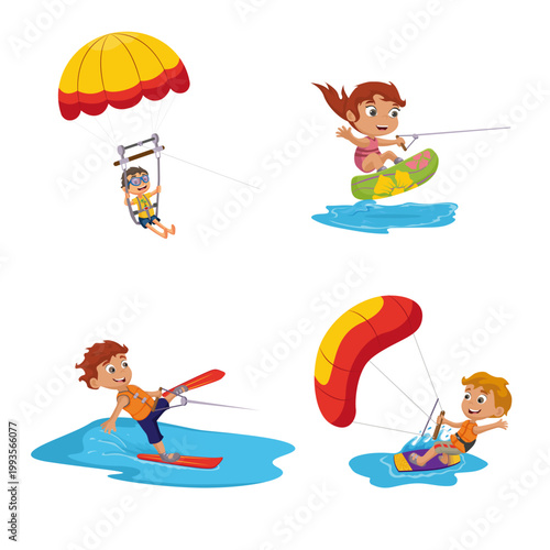 Kids summer water activities. Vector cartoon characters parasailing, water skiing, wakeboarding and kitesurfing. Extreme sports set.
