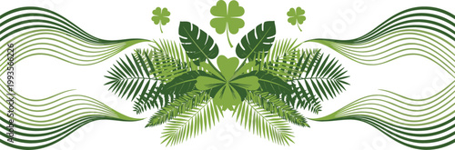 Decorative green foliage banner with leaves, clover and flowing wave lines illustration, nature themed ornamental design for eco and spring vector background