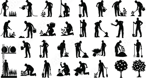 Gardeners work on plants in this silhouette set.