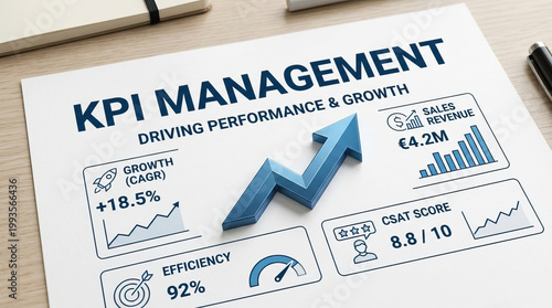 KPI management concept with growth, sales revenue, efficiency, and customer satisfaction score displayed on paper with 3D arrow symbolizing performance improvement and business growth