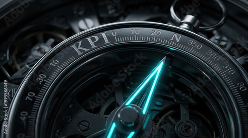 KPI compass navigation direction technology glowing close up metal instrument measurement dial pointer scale precision tool indicator black blue futuristic concept business success strategy goal