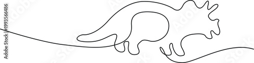 A whimsical line drawing of a dinosaur walking along a gentle, wavy path. Vector