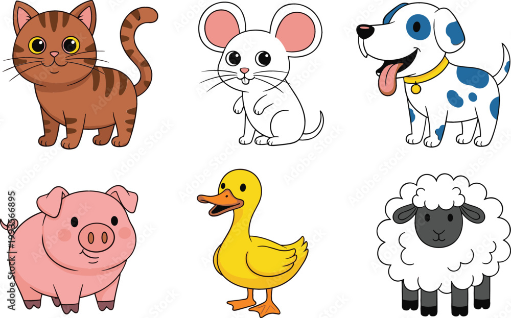 Obraz premium Cute cartoon farm and pet animals set including cat, mouse, dog, pig, duck and sheep illustration for kids education and nursery design
