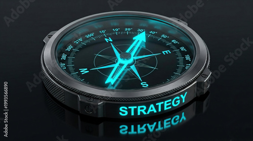 Strategy concept compass with glowing blue arrows pointing north and south on black reflective surface, symbolizing direction and planning for success