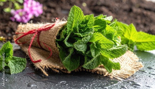 Fresh Mint Leaves Wrapped in Burlap on Wet Surface with Soil Background