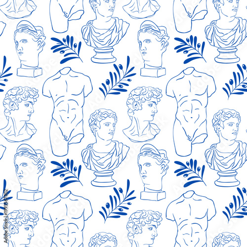 Seamless pattern of Greek statues. Antique marble Roman sculptures, classic columns, and vases; decorative textile, wrapping paper, and wallpaper design. Fabric print with contemporary vector illustra