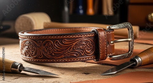 Handcrafted Leather Belt with Intricate Floral Design and Tools