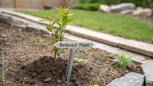 Young Reforest Plant Growing in Garden with Signage Marking Location